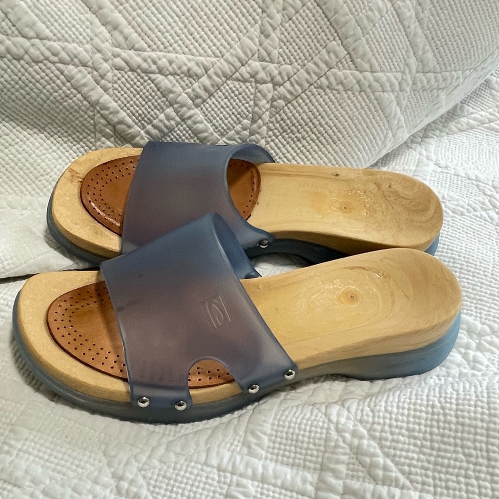 Candie's Slate Blue Mules with Wooden Sole and Contoured Footbed